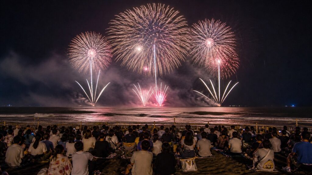 大洗サンビーチの砂浜観覧席から太平洋上の花火を望むAI生成の編集用画像