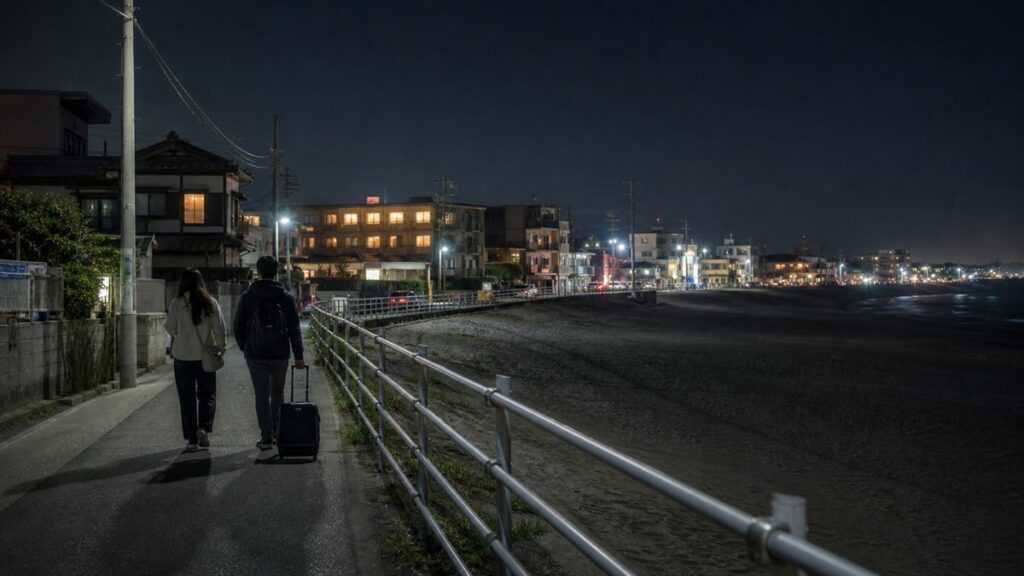 大洗サンビーチ沿いを宿へ歩いて戻る旅行者を表現したAI生成の編集用画像