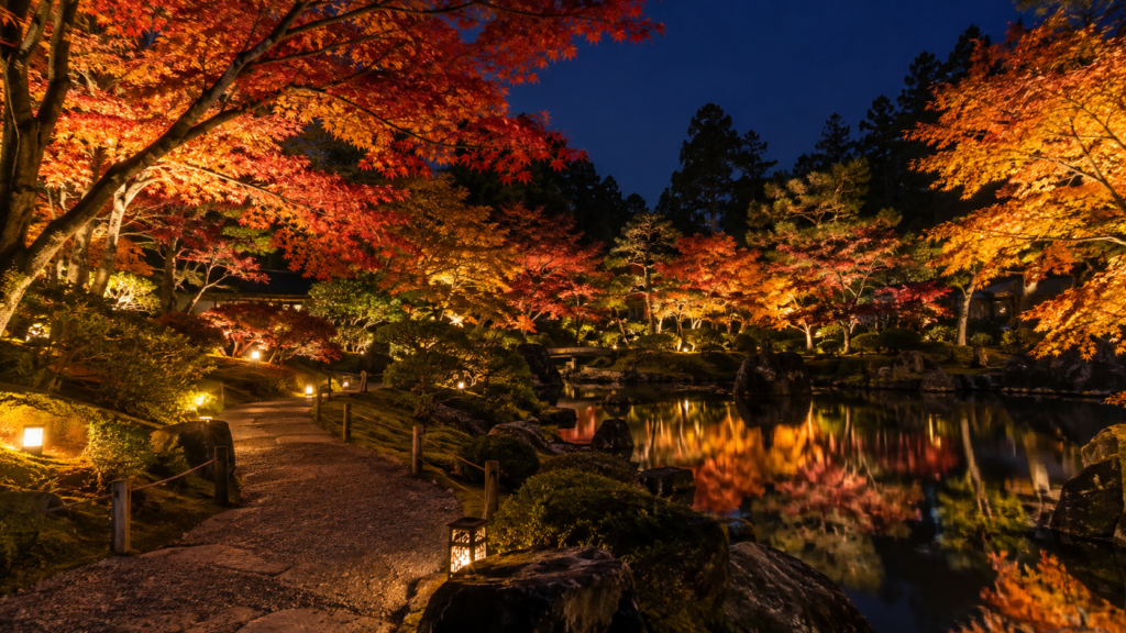 松雲山荘の紅葉ライトアップをイメージした夜の日本庭園