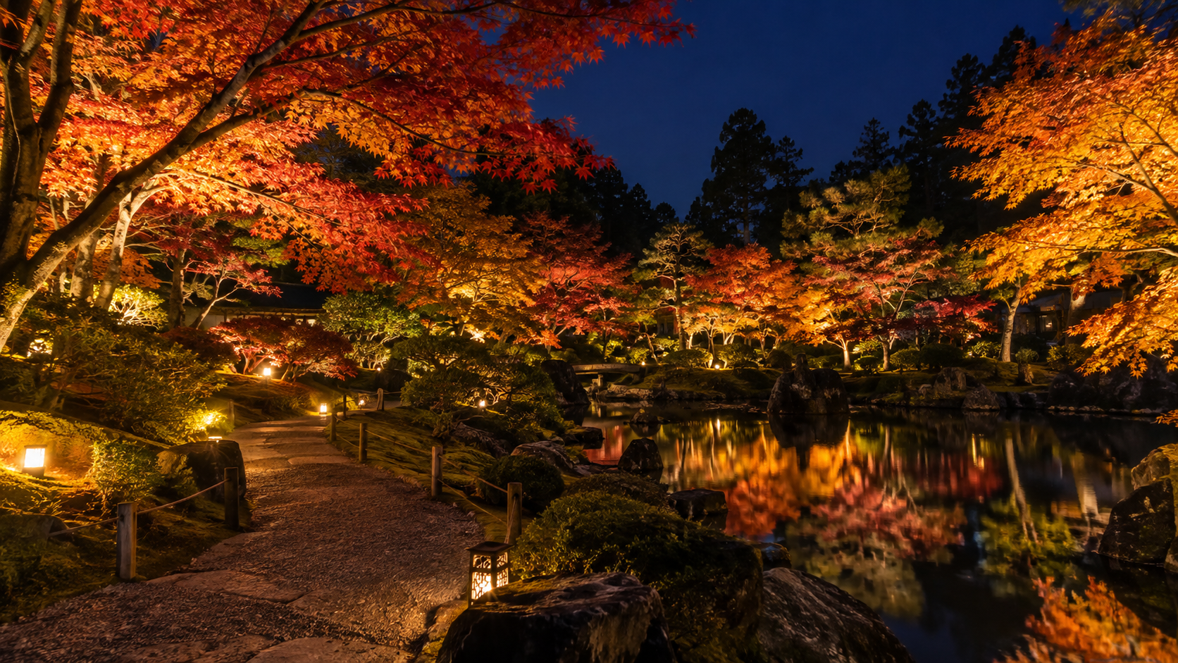 松雲山荘の紅葉ライトアップをイメージした夜の日本庭園