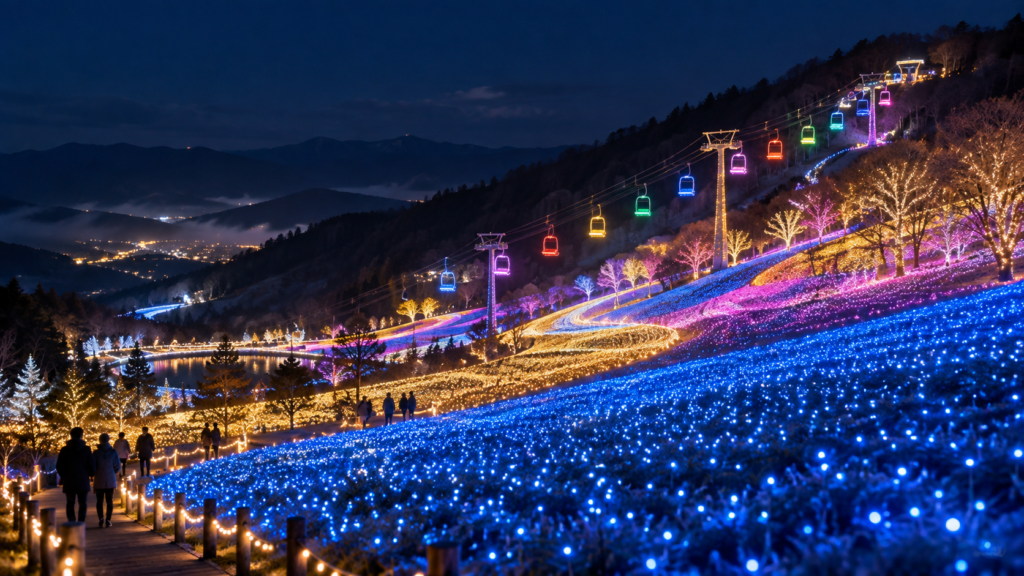 さがみ湖イルミリオンの斜面と虹色リフトをイメージした夜景