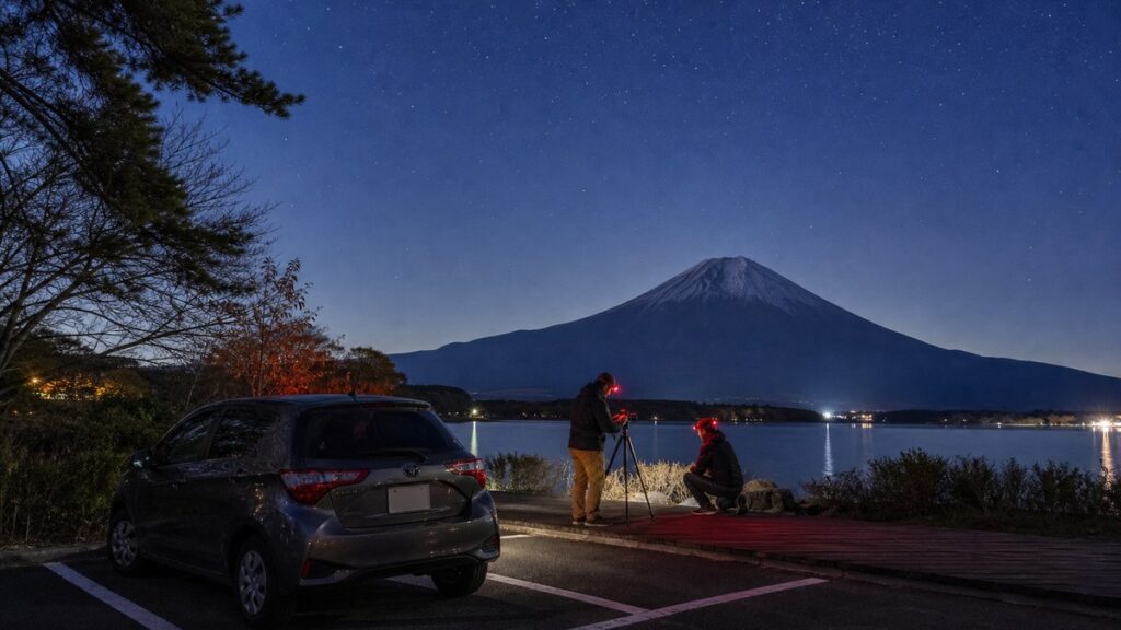 田貫湖を想起させる湖畔駐車場で富士山と星空の観察準備をする旅行者のAI生成イメージ