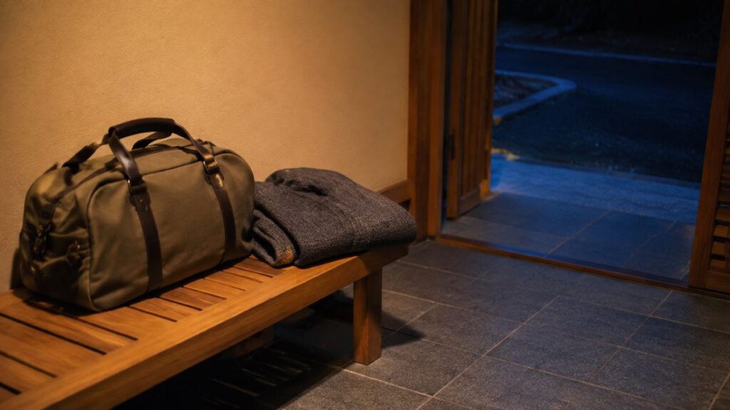 夜の外出から宿へ戻る場面を表す旅行かばんの生成イメージ。実在する宿の写真ではありません。