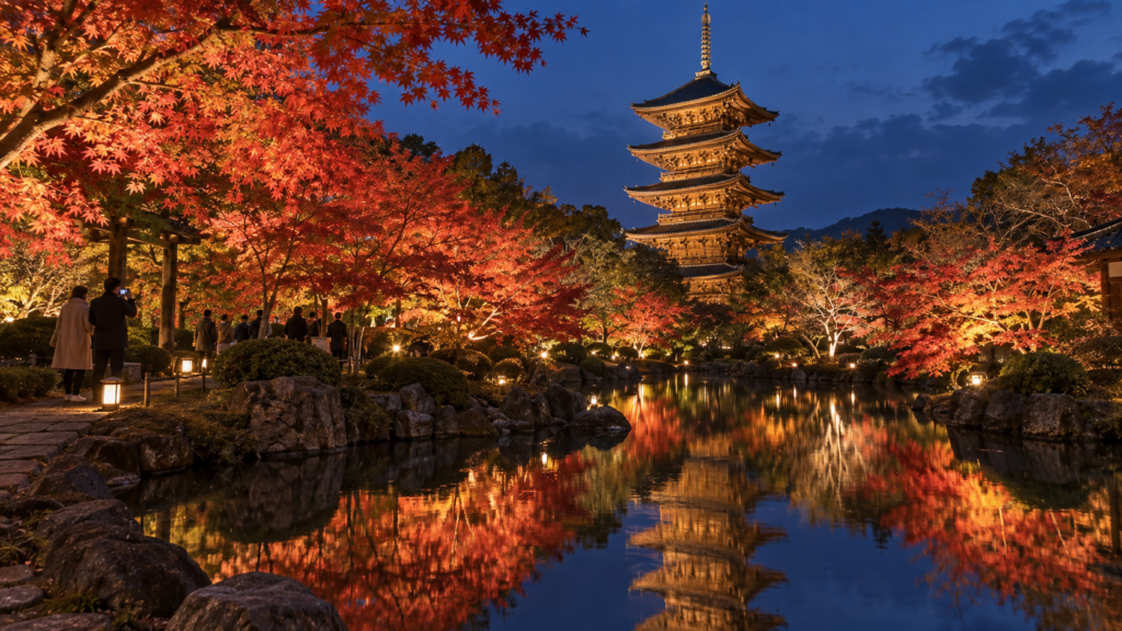 紅葉と五重塔が池に映る東寺ライトアップのイメージ