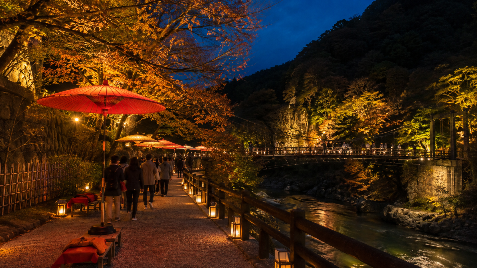鬼怒楯岩大吊橋周辺で月あかり花回廊を楽しむ夜の旅行者を表現した生成画像