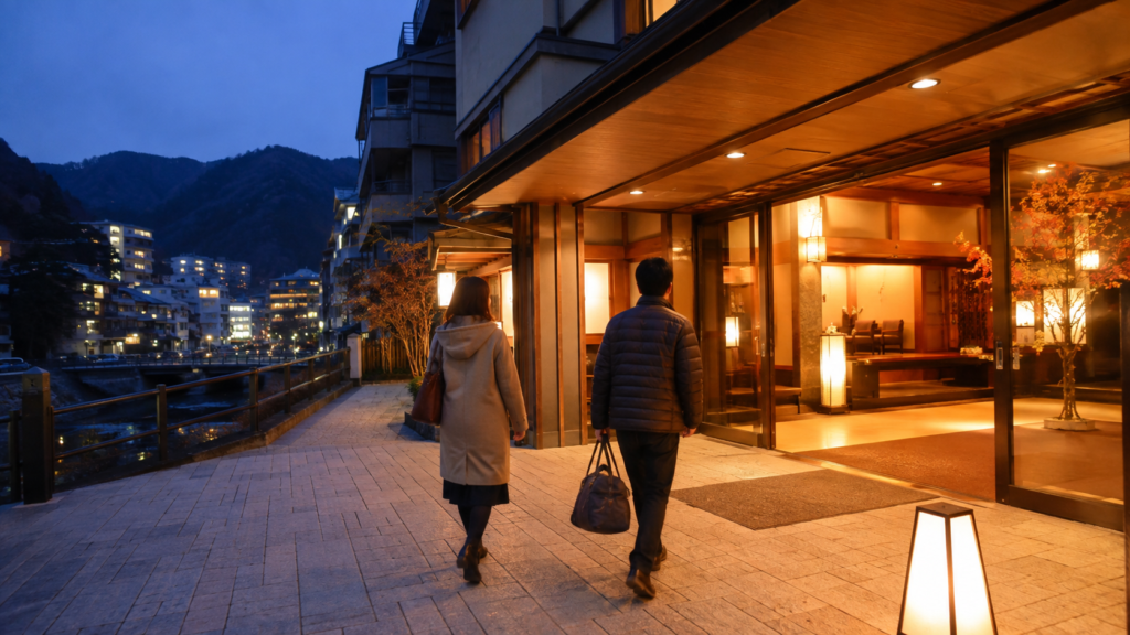 月あかり花回廊の観覧後に鬼怒川温泉の宿へ戻る旅行者を表現した生成画像