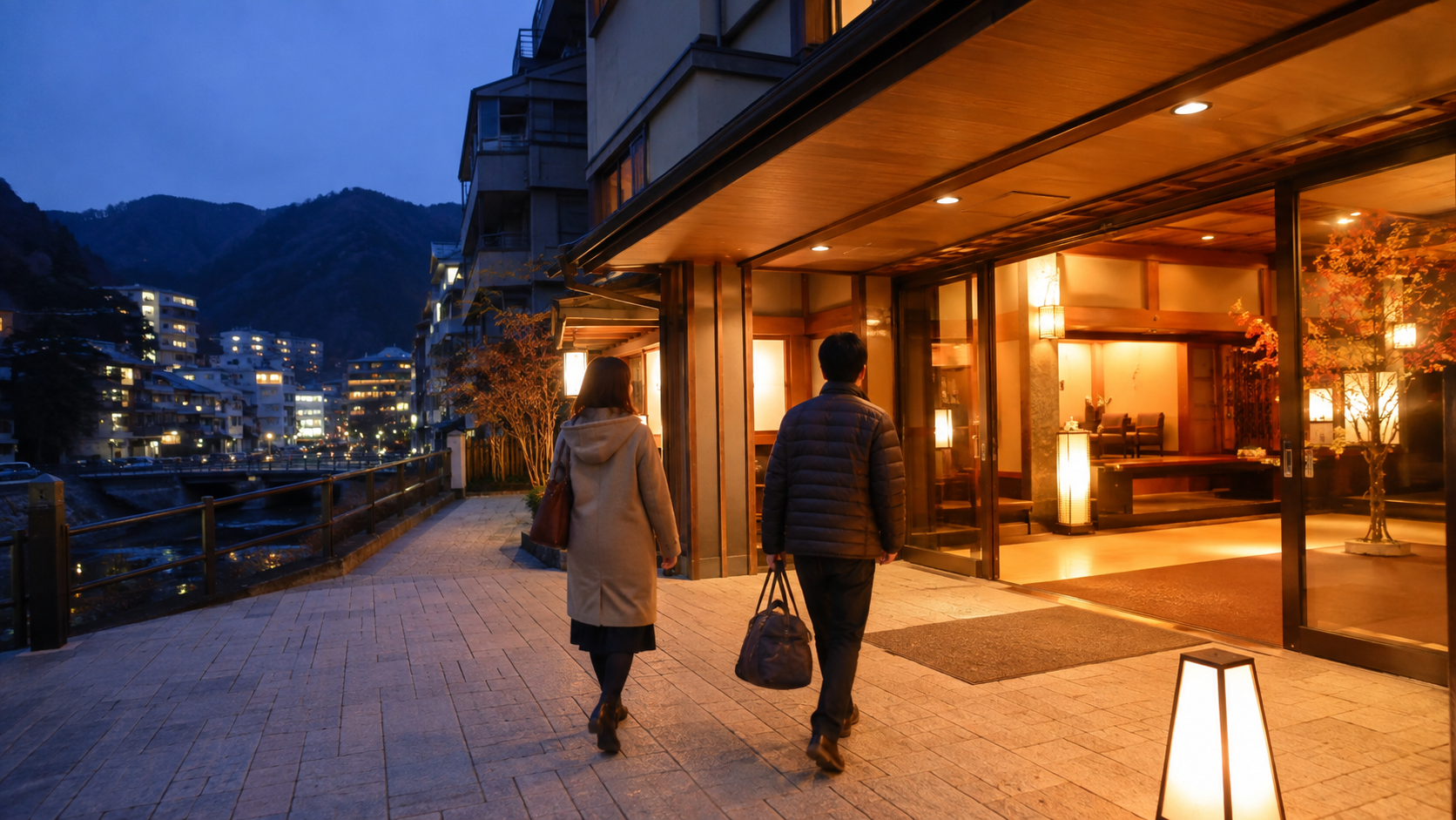月あかり花回廊の観覧後に鬼怒川温泉の宿へ戻る旅行者を表現した生成画像