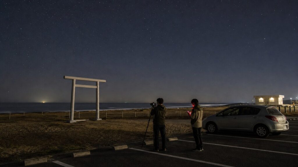 釣ヶ崎海岸を想起させる鳥居と太平洋を駐車場から安全に撮影する旅行者のAI生成イメージ