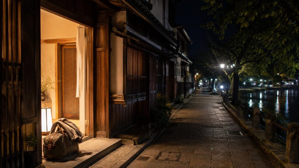 猿沢池・ならまち周辺の宿へ夜に戻る様子を表現したAI生成の編集用画像