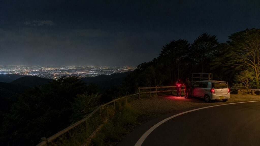 菜の花台を想起させる展望駐車スペースから秦野市街の夜景を見る旅行者のAI生成イメージ