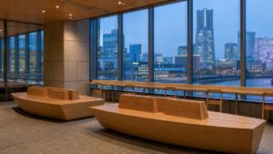 横浜市役所3階市民ラウンジとみなとみらいの薄暮を表現したAI生成の編集用画像