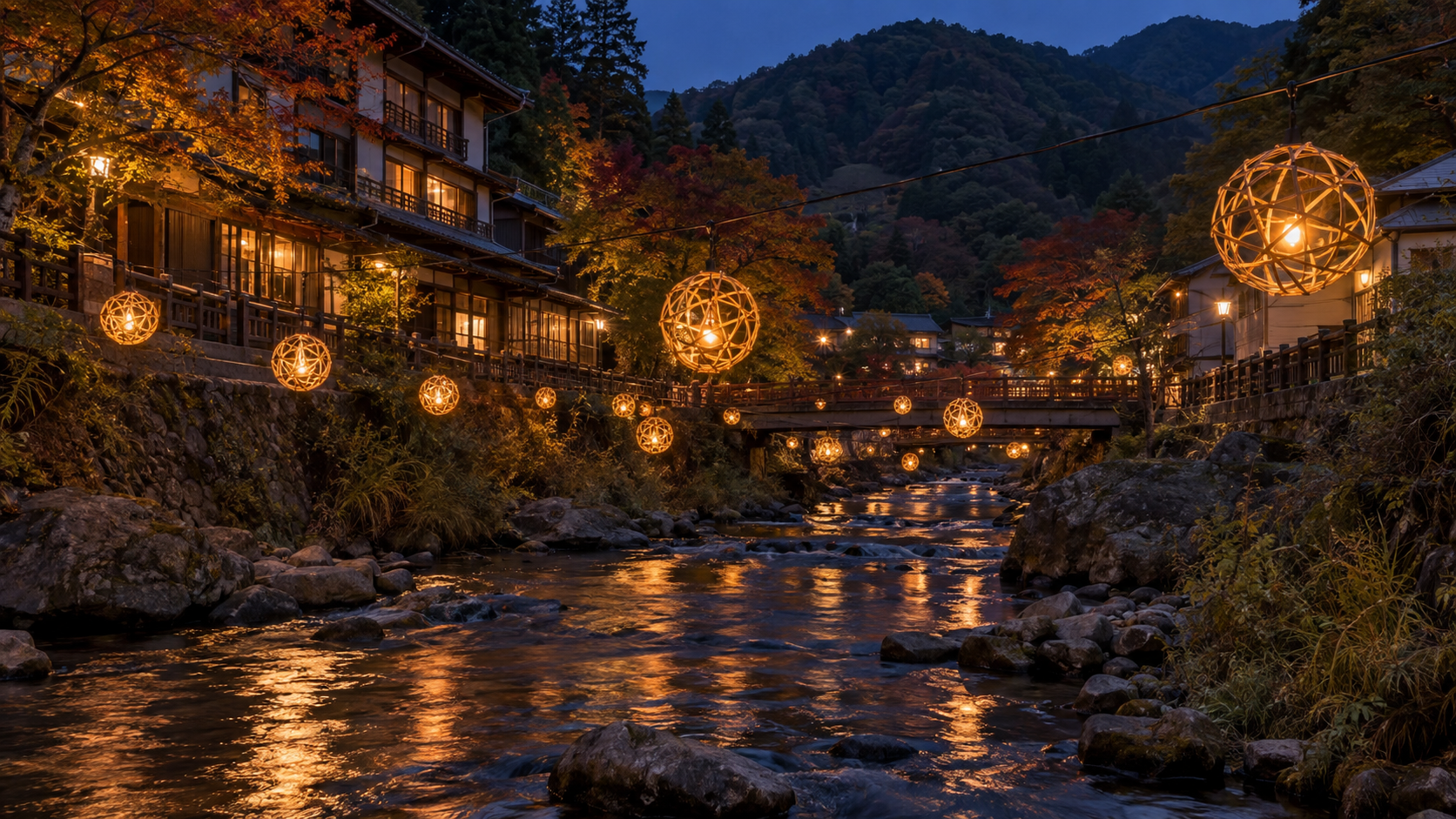 湯西川温泉の川に灯る竹鞠をイメージした夜景