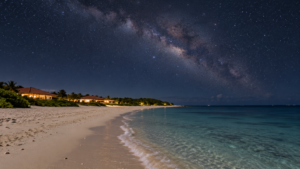 はいむるぶしのビーチと小浜島の星空をもとにした生成画像