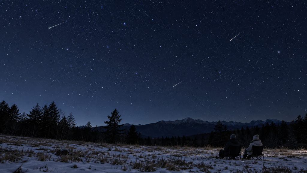 雪の高原で防寒した二人がふたご座流星群を観察するイメージ（編集用AI生成画像）