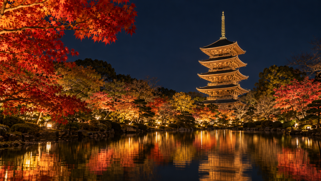 京都・東寺の五重塔と池に映る紅葉ライトアップを描いた実写風AI生成画像