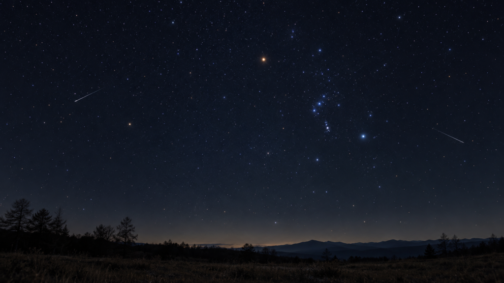 秋の高原から見上げるオリオン座と流星のイメージ（編集用AI生成画像）