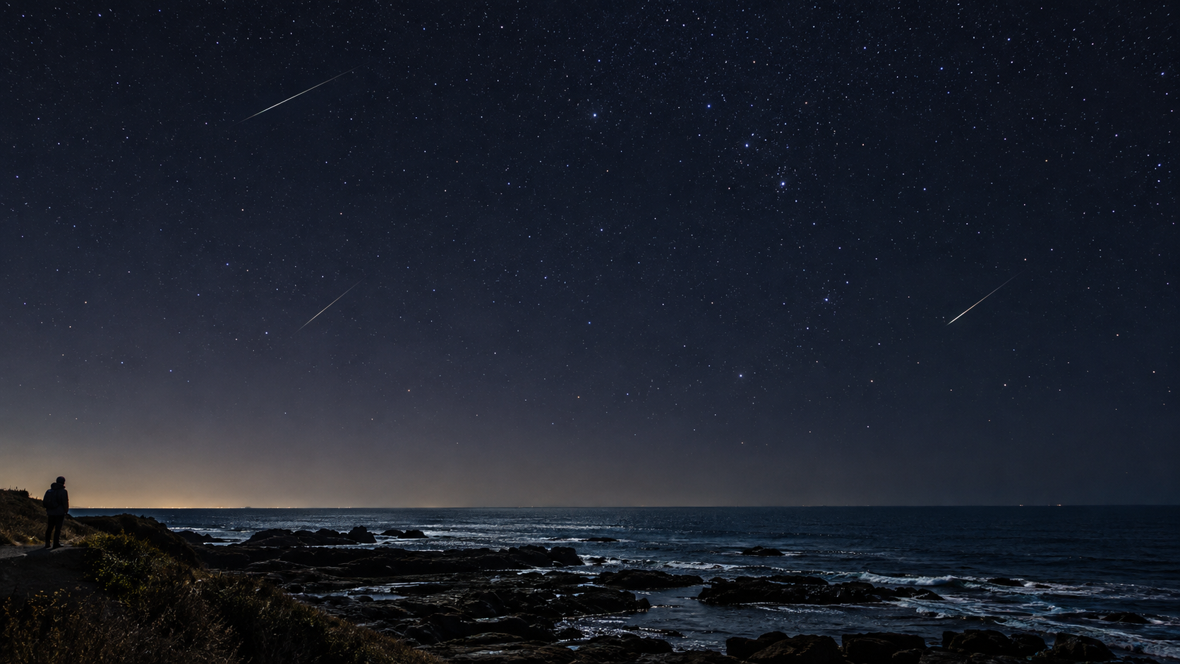 房総の岩礁海岸をイメージした冬の星空と流星(編集用AI生成画像)