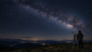 新月の高原で望遠鏡を使って星空を観察する様子（編集用AI生成画像）
