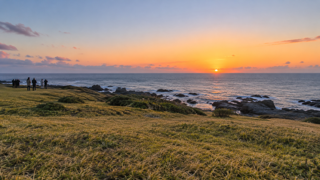 潮岬の草地と太平洋を参考に、冬の初日の出を待つ風景を描いた実写風AI生成画像